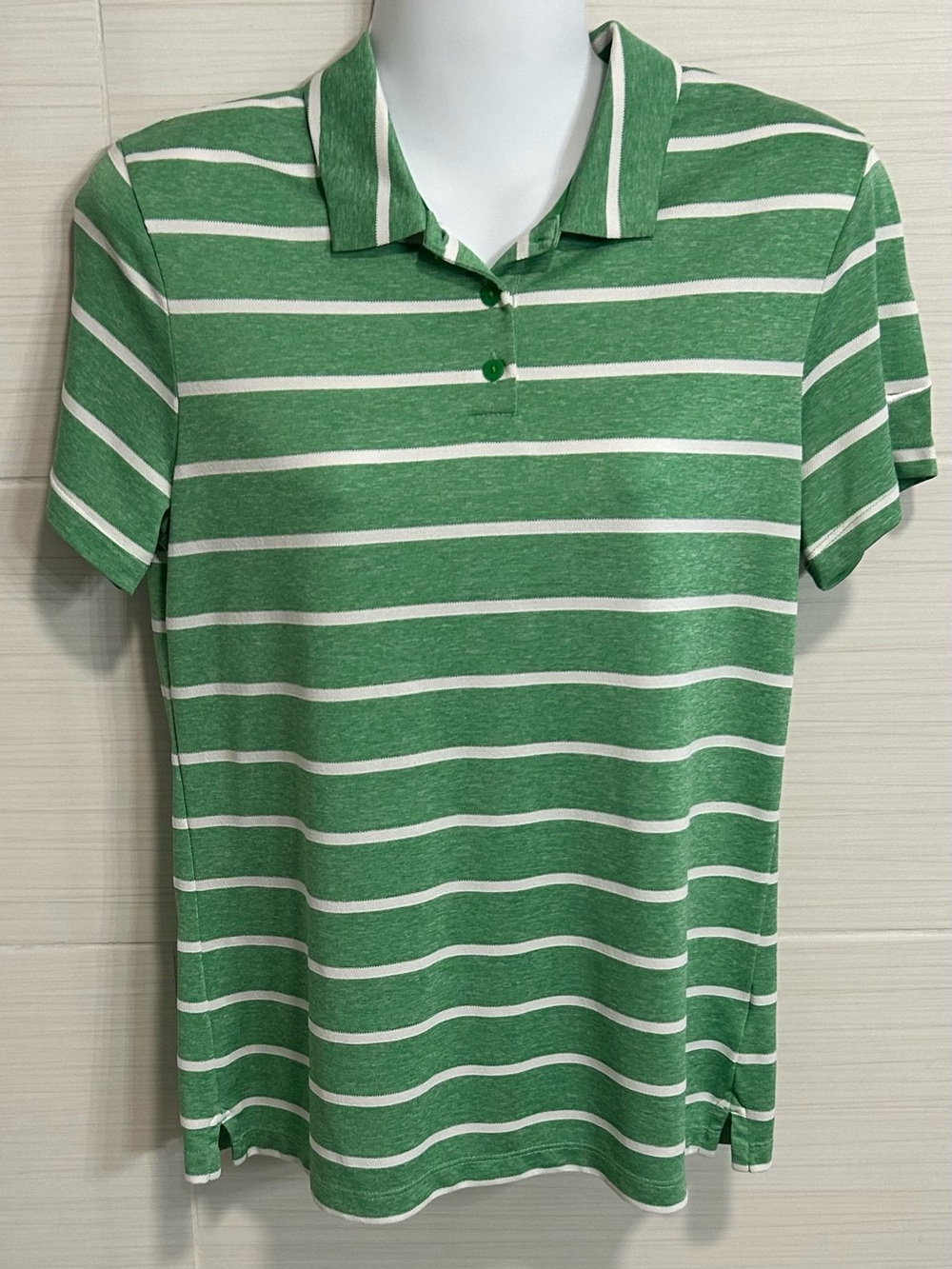 Nike Dri Fit Polo Green White Stripe, M, Golf Tennis Pickleball Lightweight